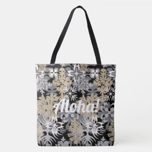 Anahola Bay Hawaiian Abstract Floral Black Tote Bag