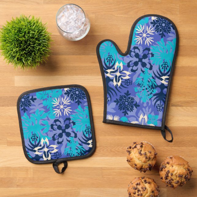 Anahola Bay Hawaiian Abstract Floral Purple Oven Mitt & Pot Holder Set (Top Down)