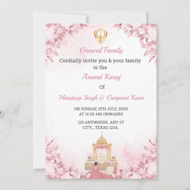 Anand Karaj Wedding Invitation card, Sikh Wedding  (Front)
