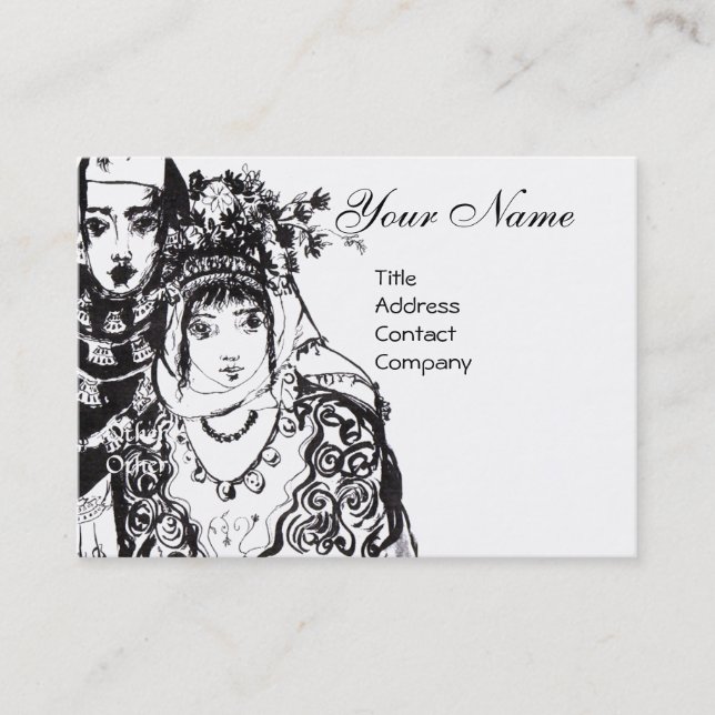 ANATOLIAN GIRLS Black White Ink Drawing Business Card (Front)