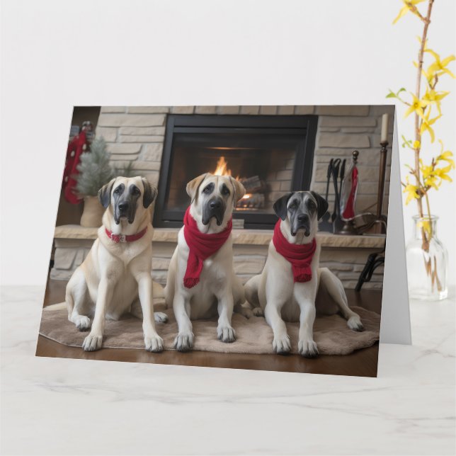 Anatolian Shepherd  by the Fireplace Christmas Card (Yellow Flower)
