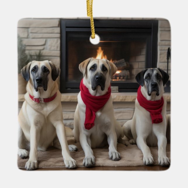 Anatolian Shepherd  by the Fireplace Christmas Ceramic Ornament (Front)