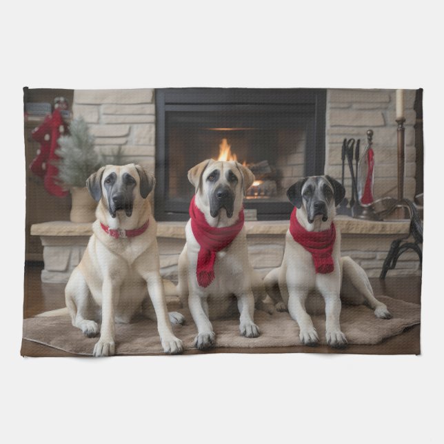 Anatolian Shepherd  by the Fireplace Christmas Tea Towel (Horizontal)