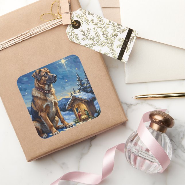 Anatolian Shepherd Dog Guarding Nativity Scene Square Sticker (Gifting)