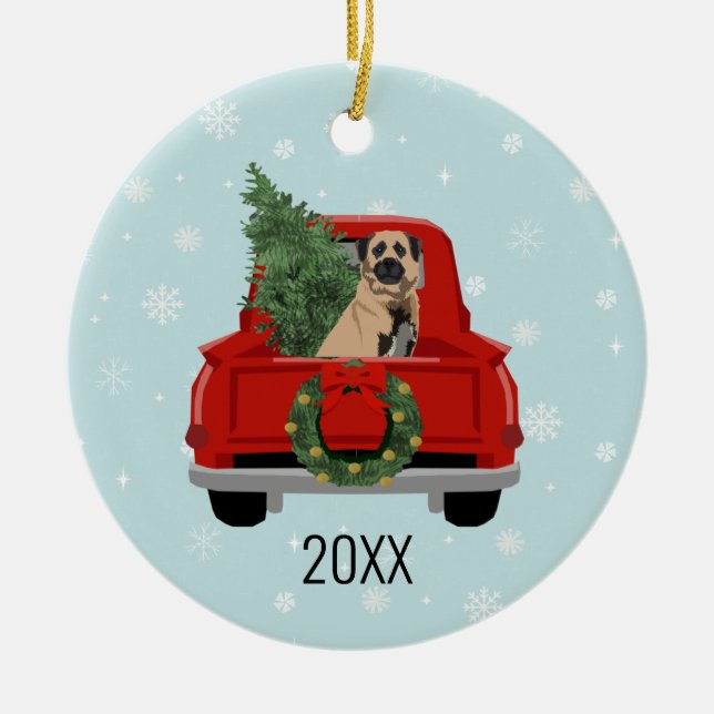 Anatolian Shepherd Dog red truck christmas Ceramic Tree Decoration (Front)