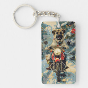 Anatolian Shepherd Dog Riding Motorcycle Christmas Key Ring