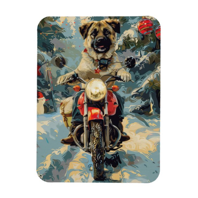 Anatolian Shepherd Dog Riding Motorcycle Christmas Magnet (Vertical)
