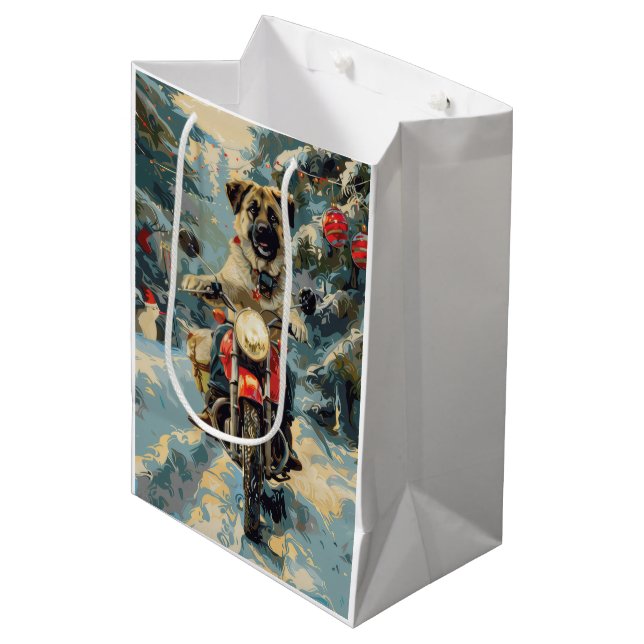 Anatolian Shepherd Dog Riding Motorcycle Christmas Medium Gift Bag (Front Angled)