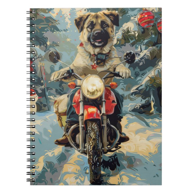 Anatolian Shepherd Dog Riding Motorcycle Christmas Notebook (Front)