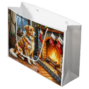 Anatolian Shepherd Fireplace with Christmas Lights Large Gift Bag