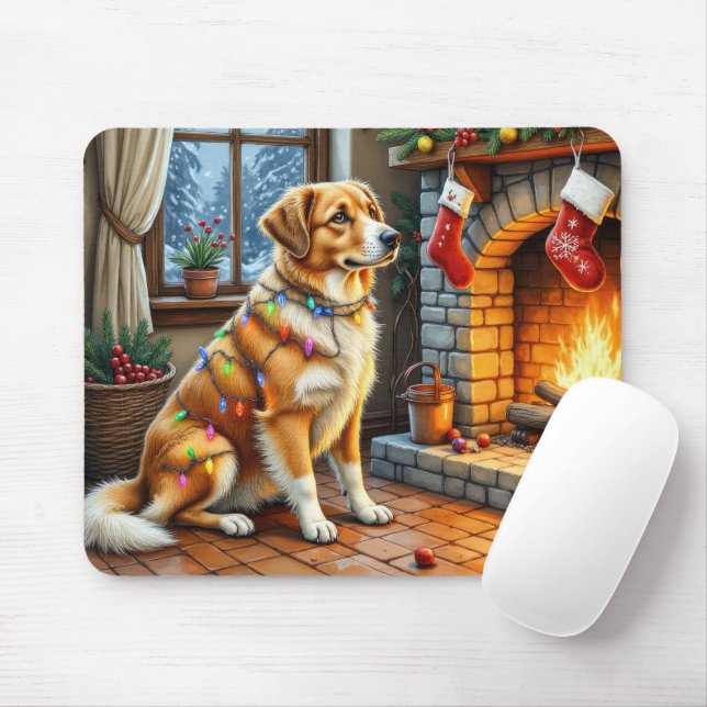 Anatolian Shepherd Fireplace with Christmas Lights Mouse Mat (With Mouse)