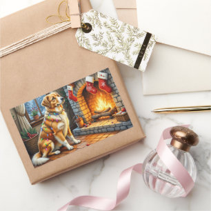 Anatolian Shepherd Fireplace with Christmas Lights Rectangular Sticker