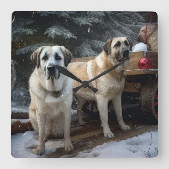 Anatolian Shepherd Snowy Sleigh Christmas Decor Square Wall Clock (Front)