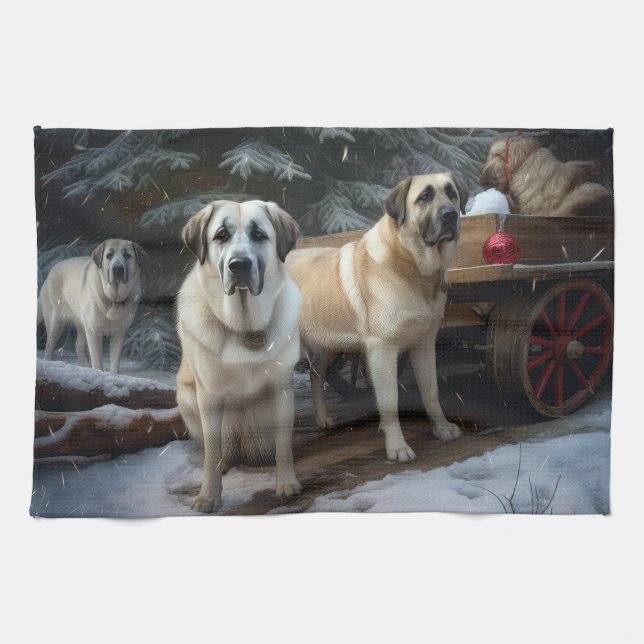 Anatolian Shepherd Snowy Sleigh Christmas Decor Tea Towel (Horizontal)