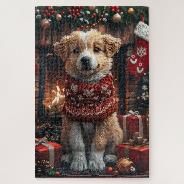 Anatolian Shepherd With Christmas Gifts Fireplace Jigsaw Puzzle (Vertical)