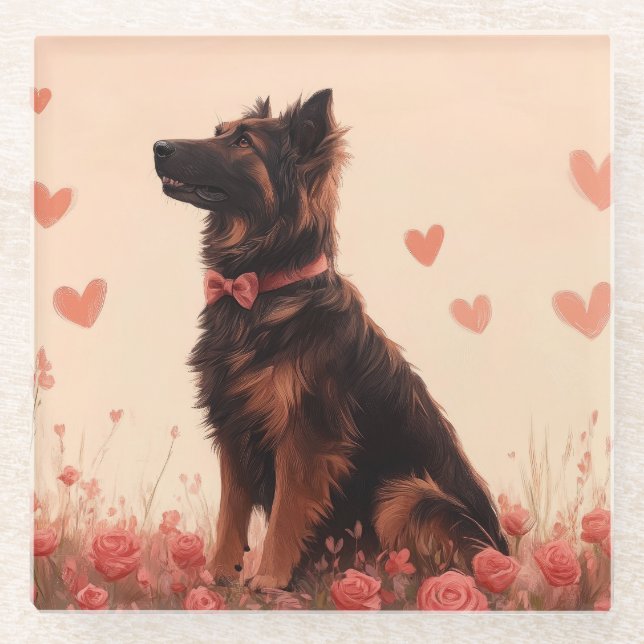 Anatolian Shepherd with Roses - Valentine's Day Glass Coaster (Front)