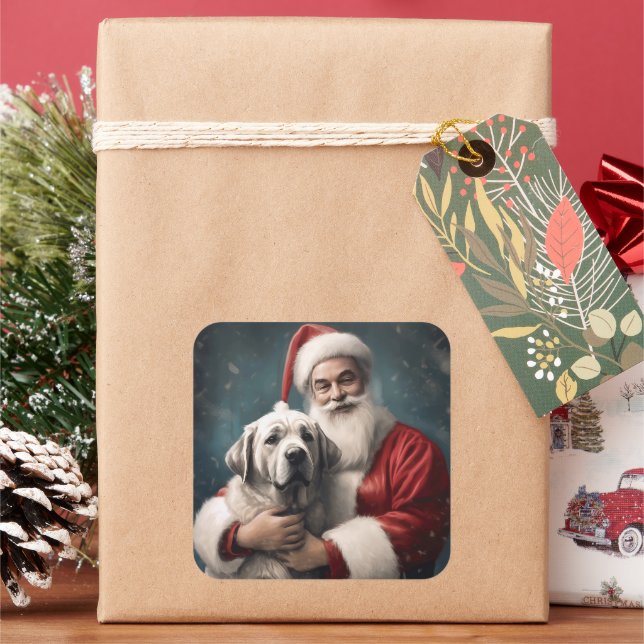 Anatolian Shepherd with Santa Claus Christmas Square Sticker (Holiday)