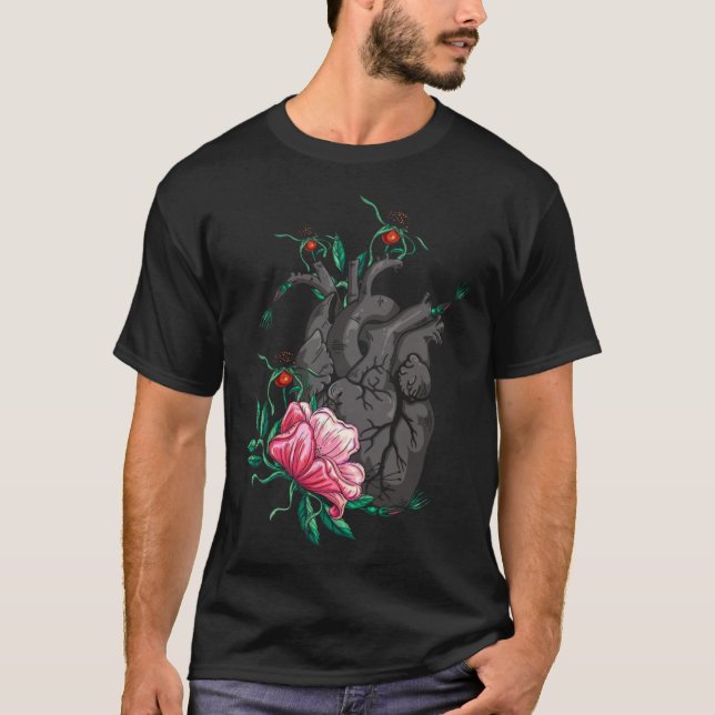 Anatomical Heart And Flowers  Men Women Cardiologi T-Shirt (Front)