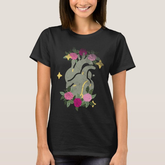 Anatomical Heart And Flowers  Men Women Cardiologi T-Shirt (Front)