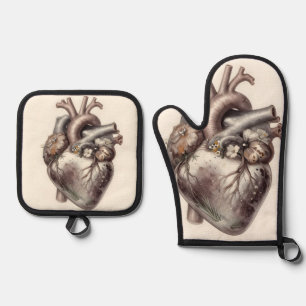 Anatomical Heart Floral Vintage Botanical Medical Oven Mitt & Pot Holder Set