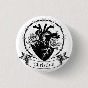 Anatomical Heart Tattoo: Black and White Design  3 Cm Round Badge
