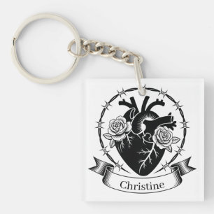 Anatomical Heart Tattoo: Black and White Design Key Ring