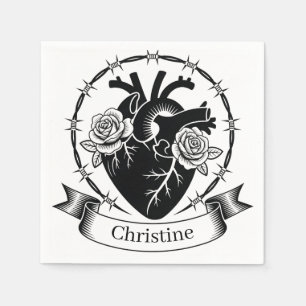 Anatomical Heart Tattoo: Black and White Design  Napkin