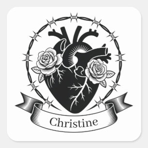 Anatomical Heart Tattoo: Black and White Design  Square Sticker