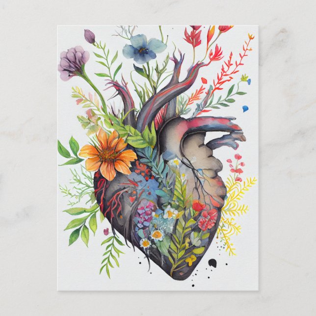 Anatomical heart & watercolor flowers love card   (Front)