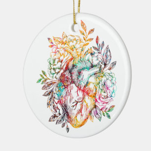 Anatomical heart with flowers ceramic tree decoration
