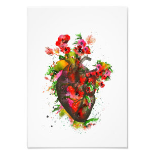 Anatomical heart with flowers, floral heart photo print
