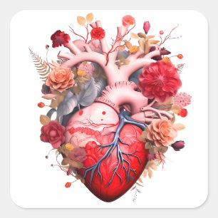 Anatomical heart with flowers  square sticker