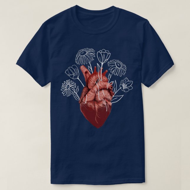 Anatomical Heart Woven with Flowers Tulips Daisies T-Shirt (Design Front)