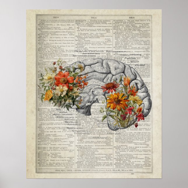 Anatomy Brain Floral Dictionary Art Collage Poster (Front)