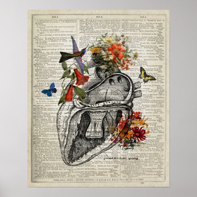 Anatomy Dictionary Art Heart and Flowers Poster (Front)