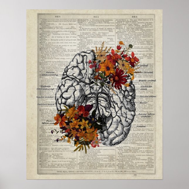 Anatomy Of Human Brain with Flowers Poster (Front)