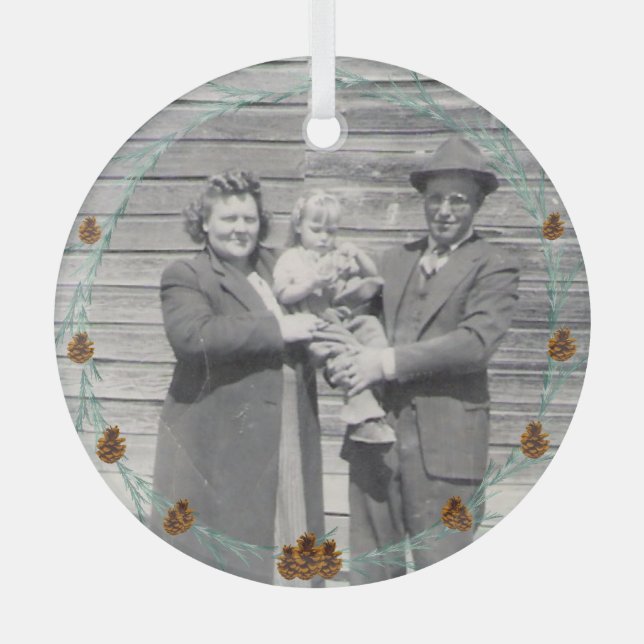 Ancestors Family Photo Pinecones and Boughs   Glass Tree Decoration (Front)