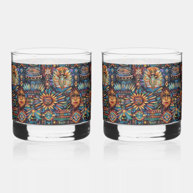 Ancestral Cobalt "Pre-Columbian Tapestry" Rocks Gl Whiskey Glass (Front)
