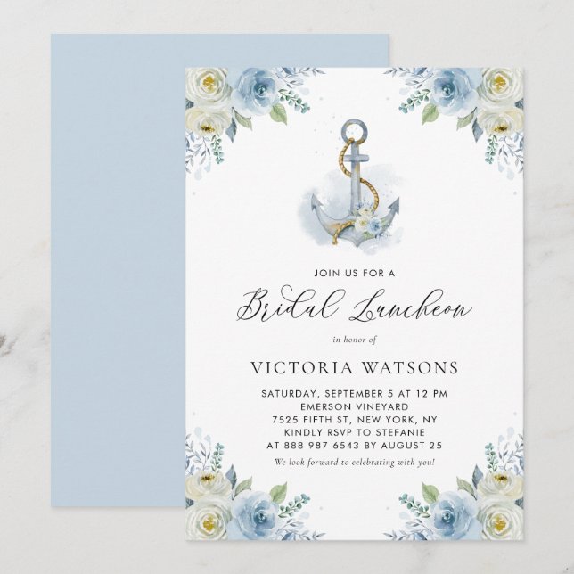 Anchor and Blue Flowers Nautical Bridal Luncheon Invitation (Front/Back)