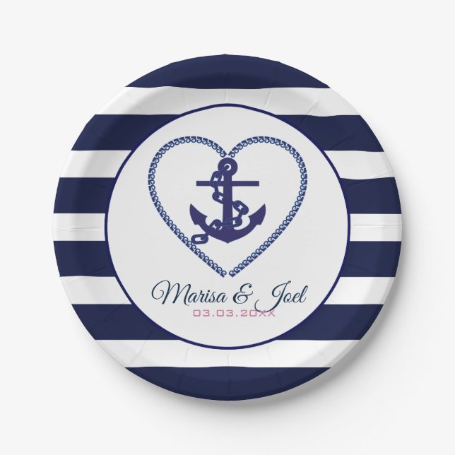 Anchor And Blue Stripes Paper Plate (Front)