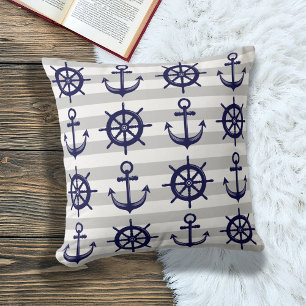Anchor and Boat Wheel Grey Stripe Nautical Cushion