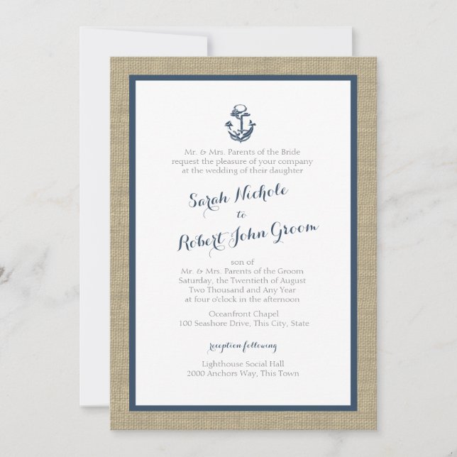 Anchor and Burlap Navy Blue Rustic Wedding Invitation (Front)