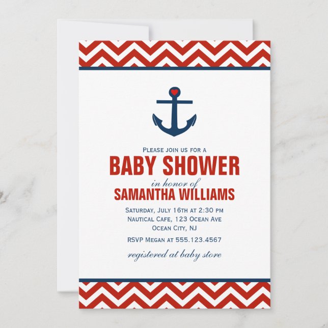 Anchor and Chevrons Nautical Baby Shower {red} Invitation (Front)
