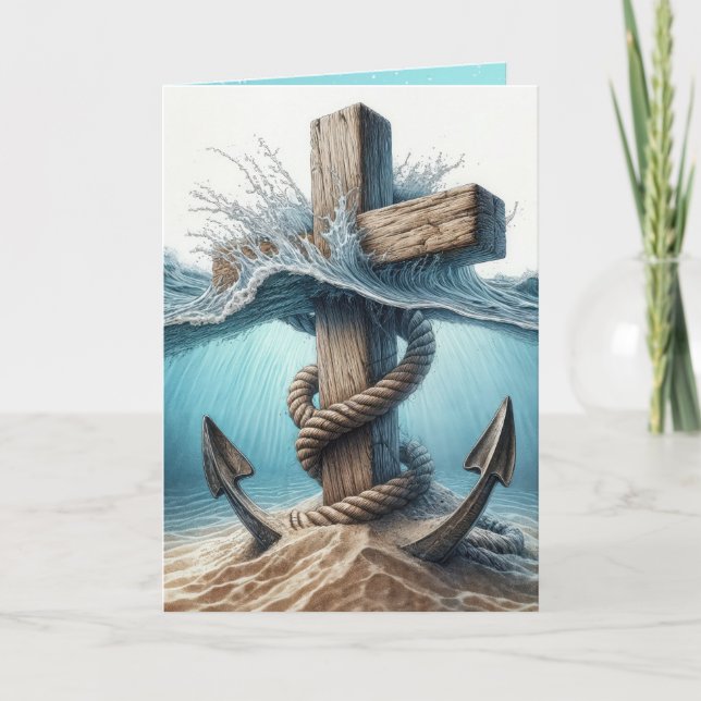 Anchor and Cross In Ocean Waves Thinking of You Card (Front)