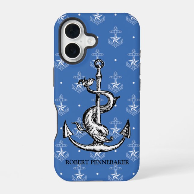 Anchor and Dolphin Nautical Theme iPhone 16 Case (Back)