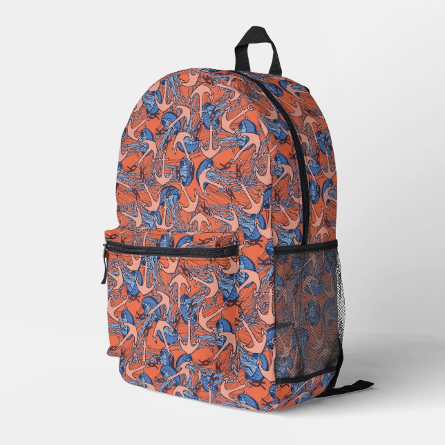 Anchor And Jellyfish Pattern Printed Backpack (Back Corner Right)
