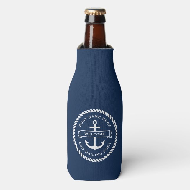 Anchor and rope boat name hailing port welcome bottle cooler (Bottle Front)