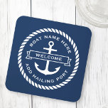 Anchor and rope boat name hailing port welcome coaster<br><div class="desc">Coaster featuring an anchor with a ribbon banner across it with customizable text "welcome". Add your boat name above and hailing port below. Around the anchor and text is a round rope border. White design on dark blue background.</div>