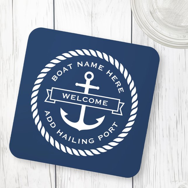 Anchor and rope boat name hailing port welcome coaster (Anchor and rope boat name hailing port welcome beverage coaster)