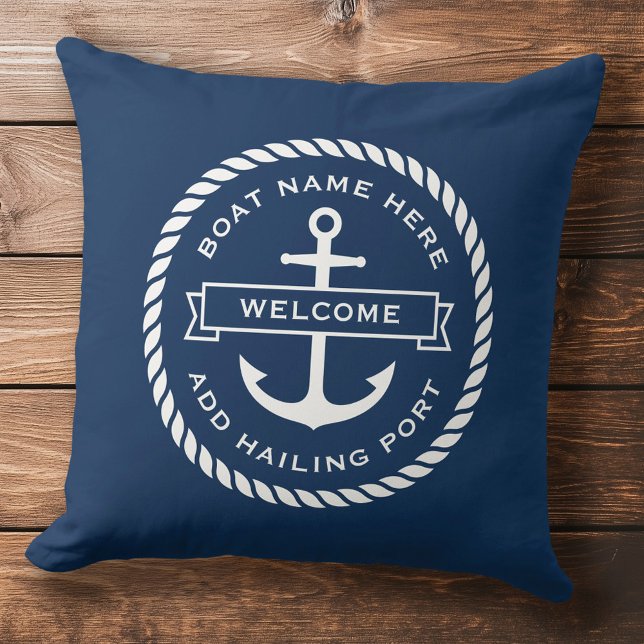Anchor and rope boat name hailing port welcome cushion (Anchor and rope boat name hailing port welcome throw pillow)